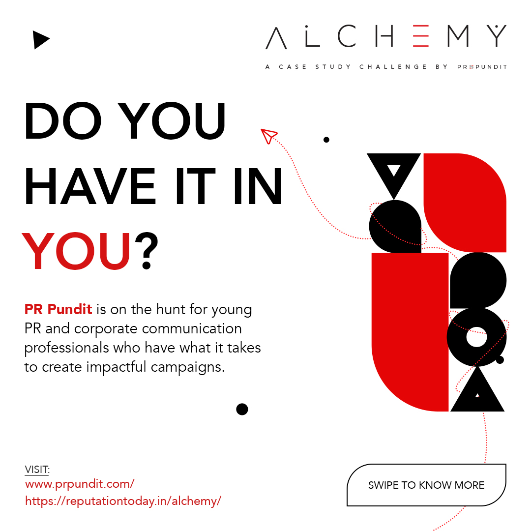 PRPundit_India's tweet photo. Calling all young #PR and #CorporateCommunications professionals ๐ฃ #PRPundit is celebrating its 25th year in the industry by launching an innovative annual case study challenge #ALCHEMY. Send in your nominations on alchemy@prpundit.com
Read more: https://t.co/NbISfBnytT https://t.co/DYjRBJYYKt