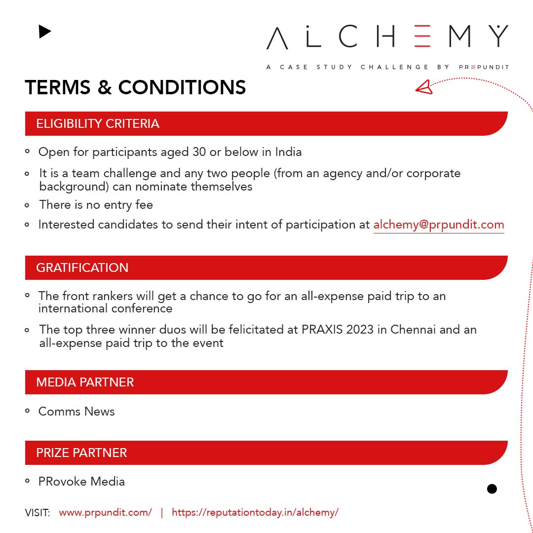 PR Pundit Havas Red (@prpundit_india) on Twitter photo Calling all young #PR and #CorporateCommunications professionals 📣 #PRPundit is celebrating its 25th year in the industry by launching an innovative annual case study challenge #ALCHEMY. Send in your nominations on alchemy@prpundit.com
Read more: rb.gy/tgafi Calling all young #PR and #CorporateCommunications professionals 📣 #PRPundit is celebrating its 25th year in the industry by launching an innovative annual case study challenge #ALCHEMY. Send in your nominations on alchemy@prpundit.com
Read more: rb.gy/tgafi