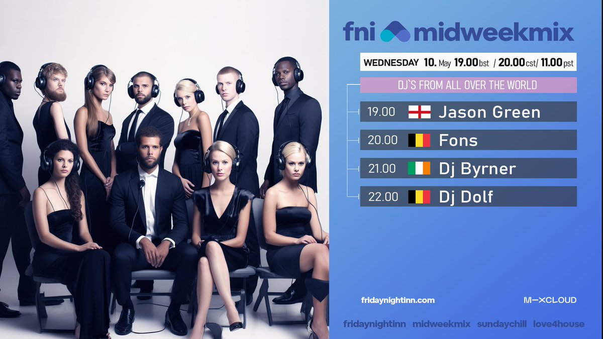 fridaynightinn's tweet photo. Fni presents : MidWeekMix 10th May 2023
19.00 BST / 20.00 CEST / 11.00 PST
https://t.co/TwQ4NjNwHQ https://t.co/pP6YHDO4B2