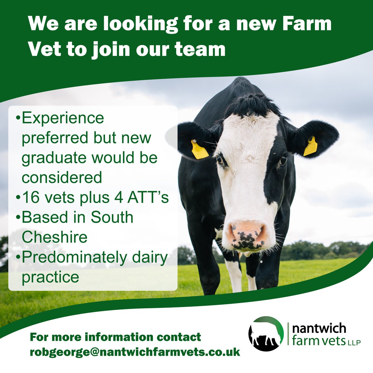 We are looking for a new vet to join the Nantwich Farm Vets team. Visit our website to read the full job description and to see details of the Approved Tuberculin tester/ Vet Tech role we are also recruiting for. nantwichfarmvets.co.uk/vacancies