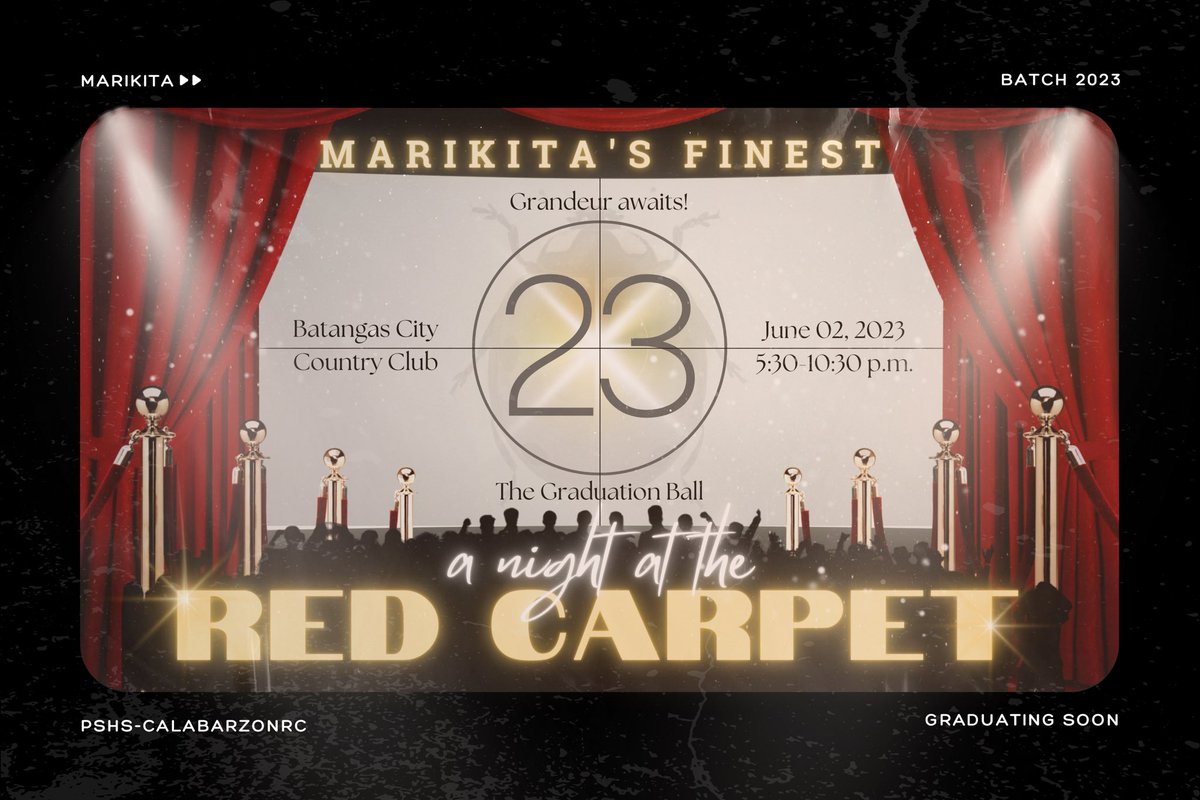 calabarzonrc_23's tweet photo. Lights, Camera, Glamour!

Start rolling out the red carpet ‘cause it’s 23 days until our most awaited moment, our Graduation Day.

We are happy to officially announce our Graduation Ball with the name, “Marikita’s Finest: A Night on the Red Carpet” 🎥⭐️ https://t.co/pSu2TXHt3w