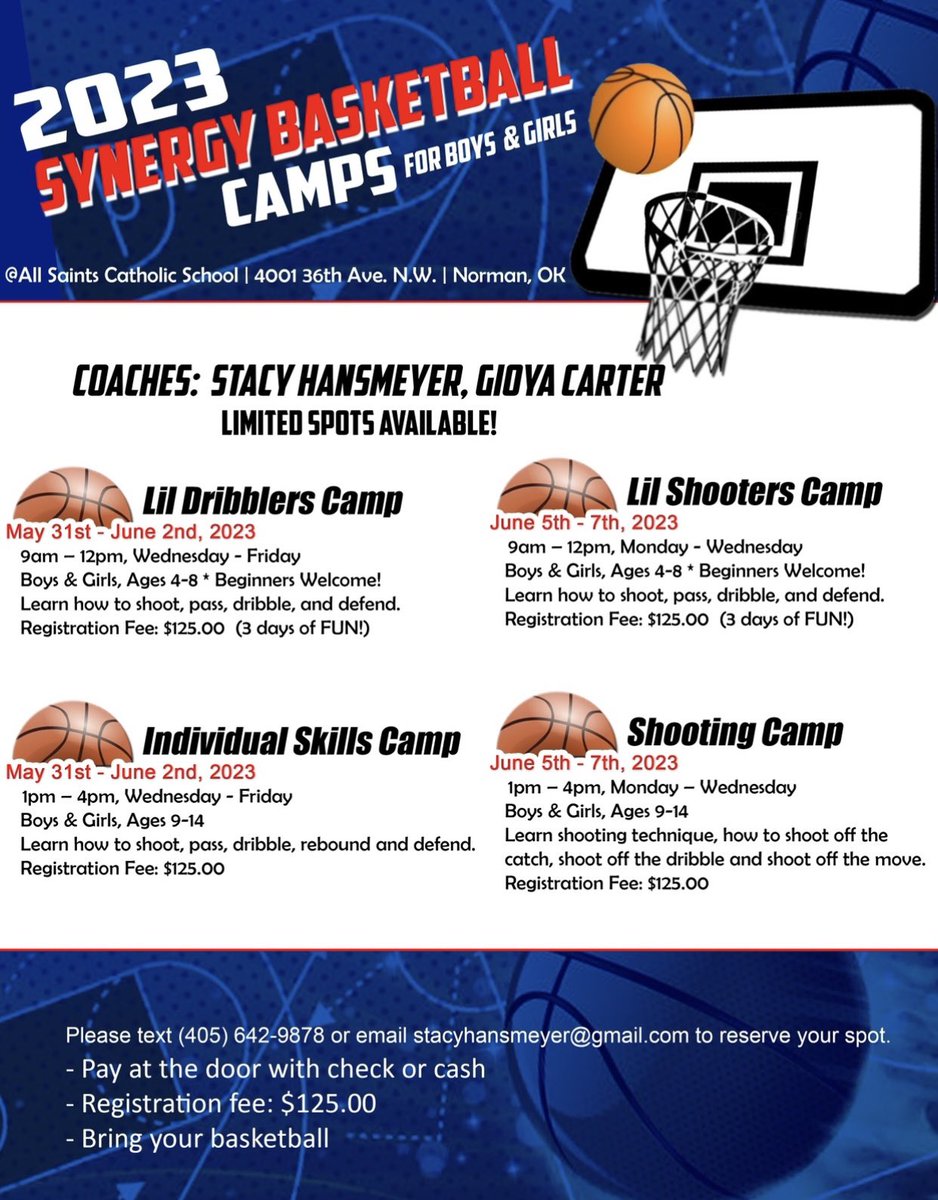 Stacy Hansmeyer (@shansmeyer) on Twitter photo Sign up for Basketball Camp in Norman, OK
May 31-June 2 & June 5-7
Email Stacyhansmeyer@gmail.com to reserve a spot! Sign up for Basketball Camp in Norman, OK
May 31-June 2 & June 5-7
Email Stacyhansmeyer@gmail.com to reserve a spot!