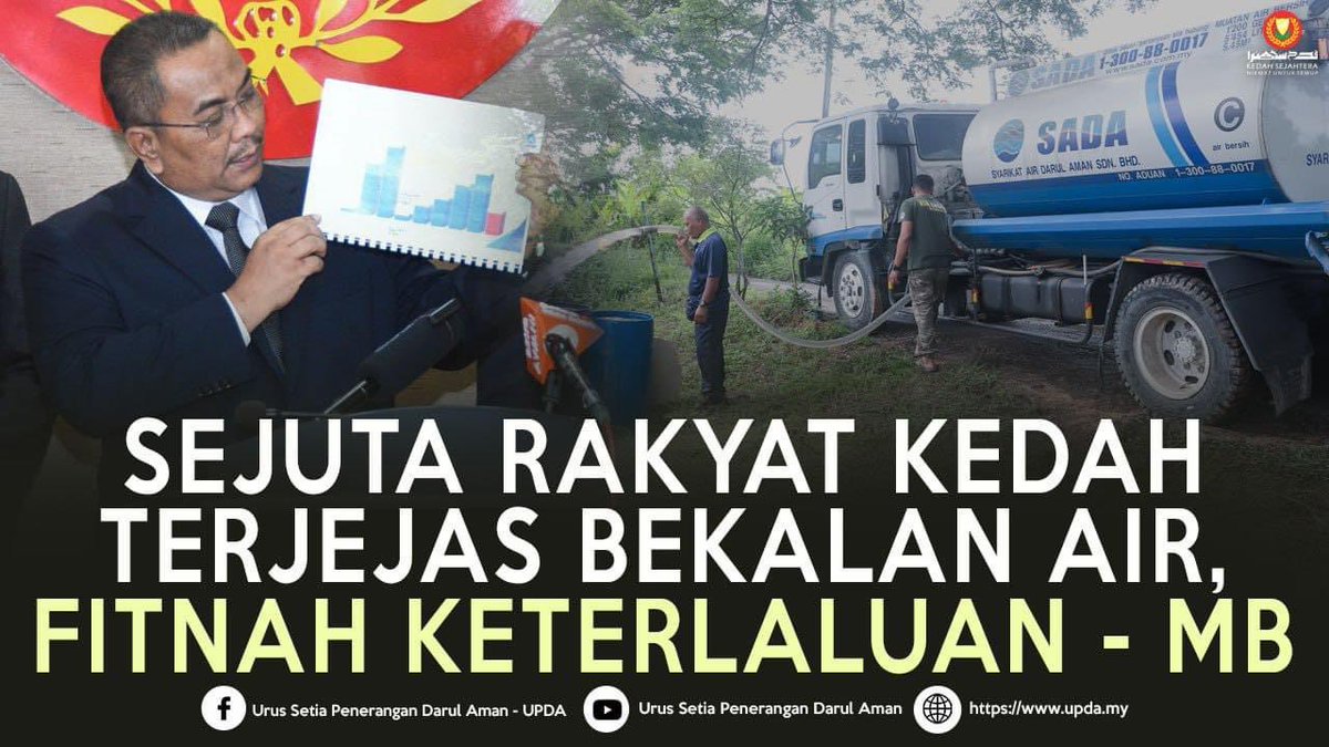 UpdaKedah's tweet photo. SEJUTA RAKYAT KEDAH TERJEJAS BEKALAN AIR, FITNAH KETERLALUAN -MB

“Akhbar yang melaporkan sejuta terjejas itu sila bertaubat kerana memberi gambaran salah situasi sebenar di negeri Kedah,” https://t.co/cT3Obd74Ul

#MediaMBKedah
#UrusSetiaPeneranganDarulAman https://t.co/2NB7vpUj2Z