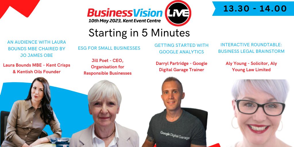 Join Laura Bounds in 5 minutes or Jill Poet, Darryl Partridge or Aly Young! Starting at 13.30 and finishing at 14.00. See you there! #BizVisionLIVE