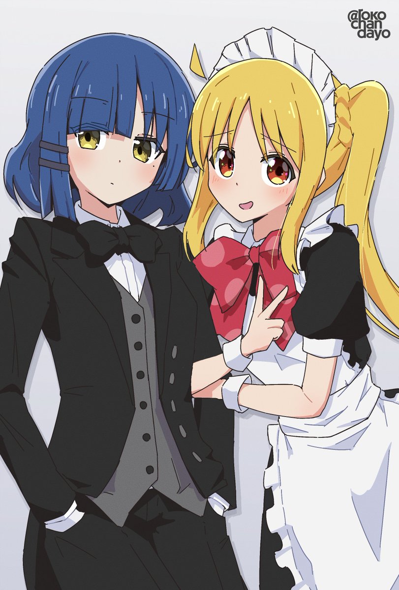 ijichi nijika multiple girls 2girls blonde hair blue hair bow maid headdress maid  illustration images