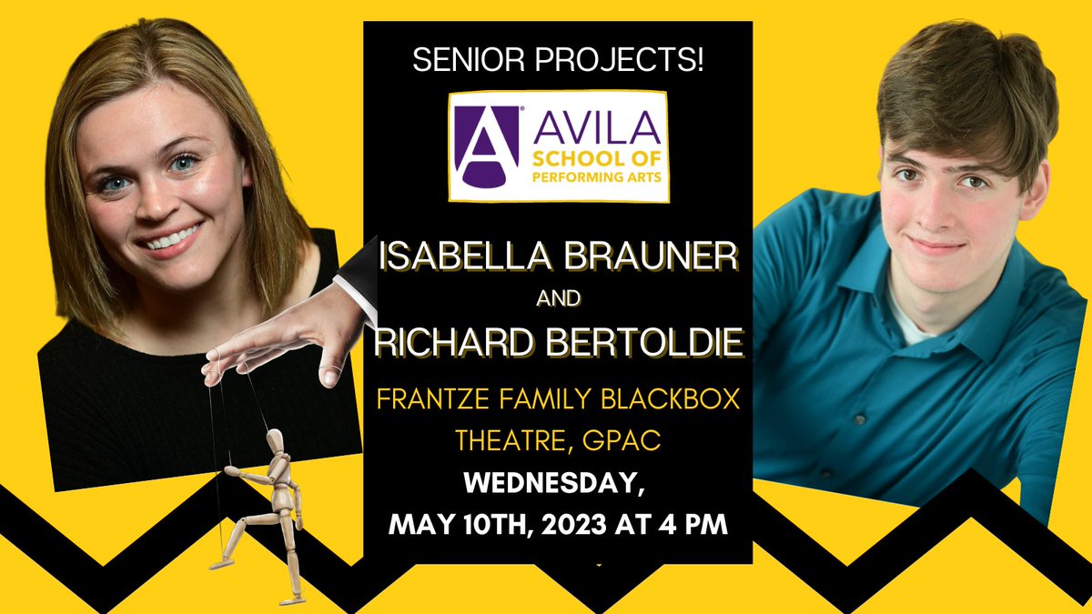 TODAY!!!!
WEDNESDAY, MAY 10th at 4pm in the Frantze Family Blackbox Theatre in the Goppert Performing Arts Center. Free to the public.

The senior projects of Isabella Brauner and Richard Bertoldie - back to back - one showing only! 

Hope you can swing by!