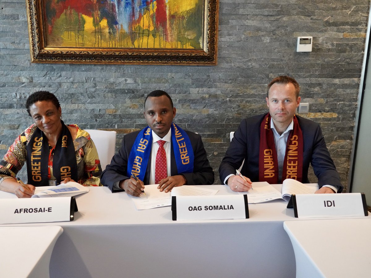 oagsomalia's tweet photo. SAI Somalia signed a two-year trilateral Cooperation Agreement with @INTOSAI_IDI &amp; @AFROSAIE on the sidelines of the AFROSAI-E Governing Board Meeting in Accra, Ghana. Funded by @NorwayMFA, the peer-support agreement enables @oagsomalia to implement key strategic priorities. https://t.co/W86UXzdE7p