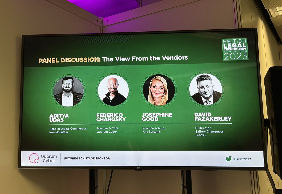 QuorumCyber's tweet photo. Up next we have a โView From the Vendorsโ. A panel session from Aditya Udas Head of Digital Commercial at Iron Mountain Federico Charosky Founder & CEO at Quorum Cyber Josephine Good Practice Advisor from Kira Systems and David Fazakerley IT Director at Saffery Champness.
#BLTF https://t.co/y4PCVS2JVN