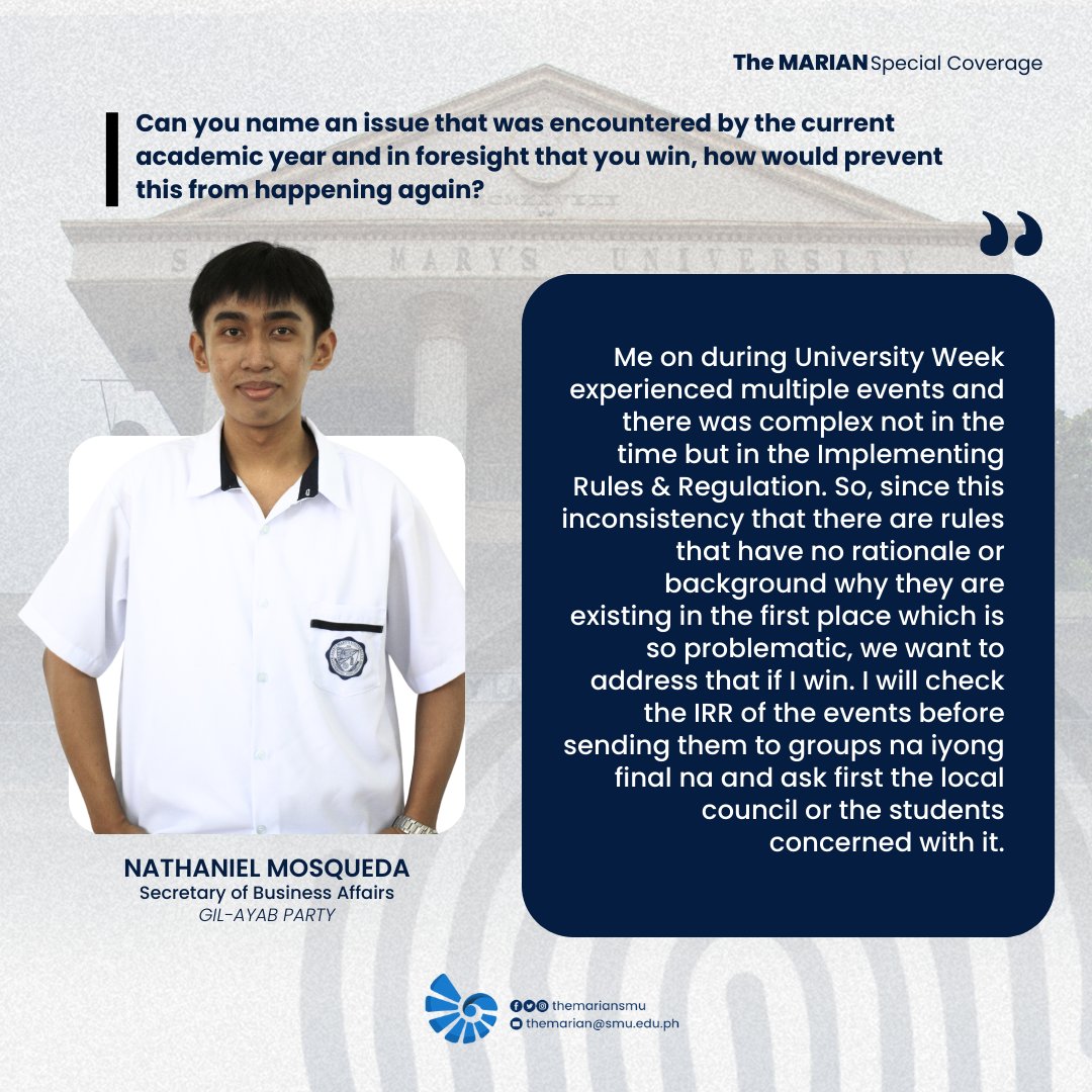 themariansmu's tweet image. #TMRoundtable | Upang tulungan tayong mamili ng susunod na kakatawan sa konseho, narito at pakinggan ang ilang pahayag ng mga lider-estudyante sa samu&apos;t saring isyung pampaaralan at panlipunan sa naganap na The MARIAN Roundtable noong Mayo 6.