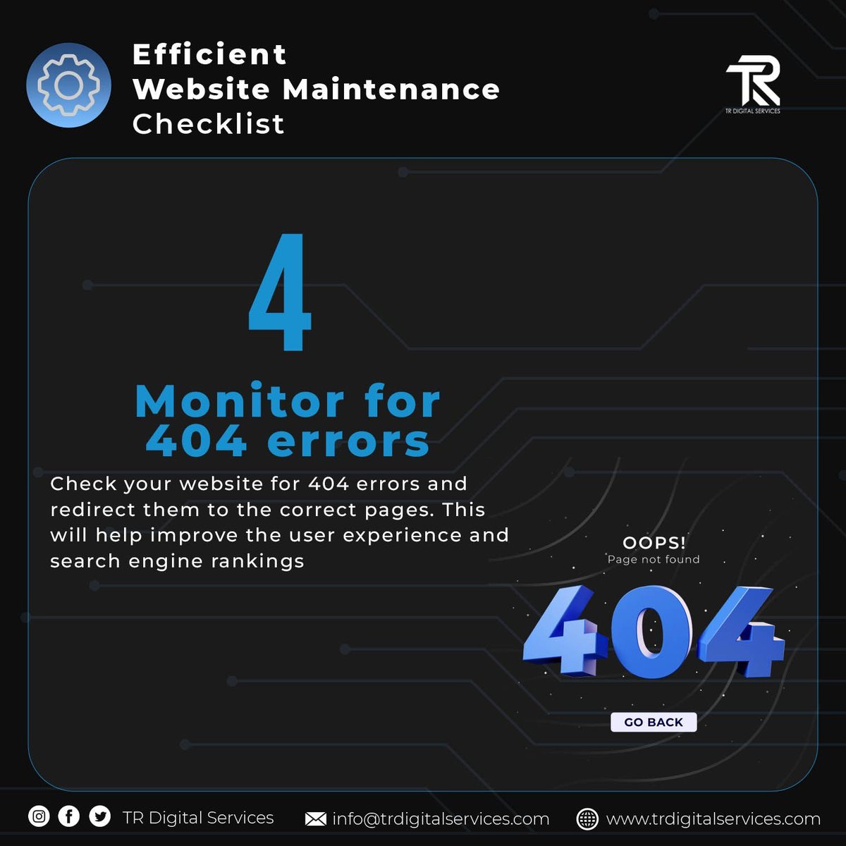 TRDigitalSrvcs's tweet photo. Don't let 404 errors harm your website's user experience and search engine rankings. Take the time to monitor and redirect them to the right pages.
Need a hand to maintain your website? Send us a message! https://t.co/CWY0UsJ295
#WebsiteMaintenance #WebsiteEfficiency #Website https://t.co/M3ItY7VGgD