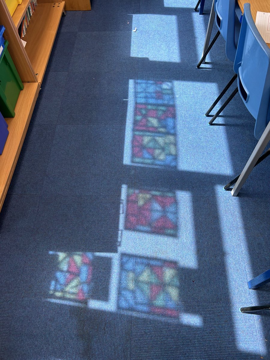 sword_miss's tweet photo. Stained Glass Fractions 🪟 Junior Four worked exceptionally hard to create these beautiful fraction art pieces ✂️ After creating their art, they had to produce a written explanation about the fraction of shapes and colours they used 🎨 https://t.co/fJjSMF99ot