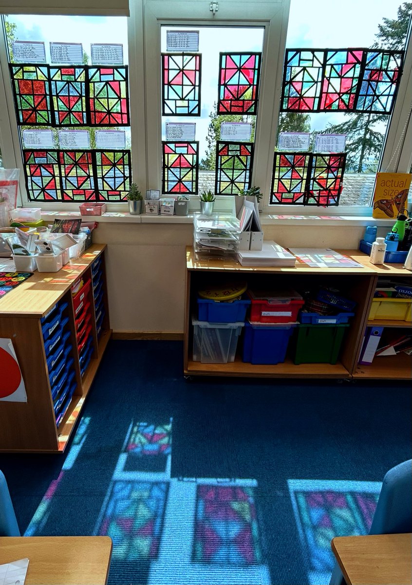 sword_miss's tweet photo. Stained Glass Fractions 🪟 Junior Four worked exceptionally hard to create these beautiful fraction art pieces ✂️ After creating their art, they had to produce a written explanation about the fraction of shapes and colours they used 🎨 https://t.co/fJjSMF99ot