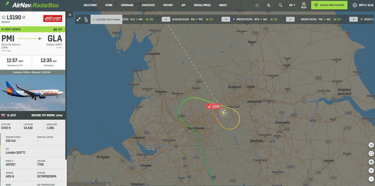 AirNavRadar's tweet photo. Jet2 flight #LS190 is declaring an emergency near Manchester https://t.co/EpZ4MMMRjT https://t.co/pnThzmDU8b