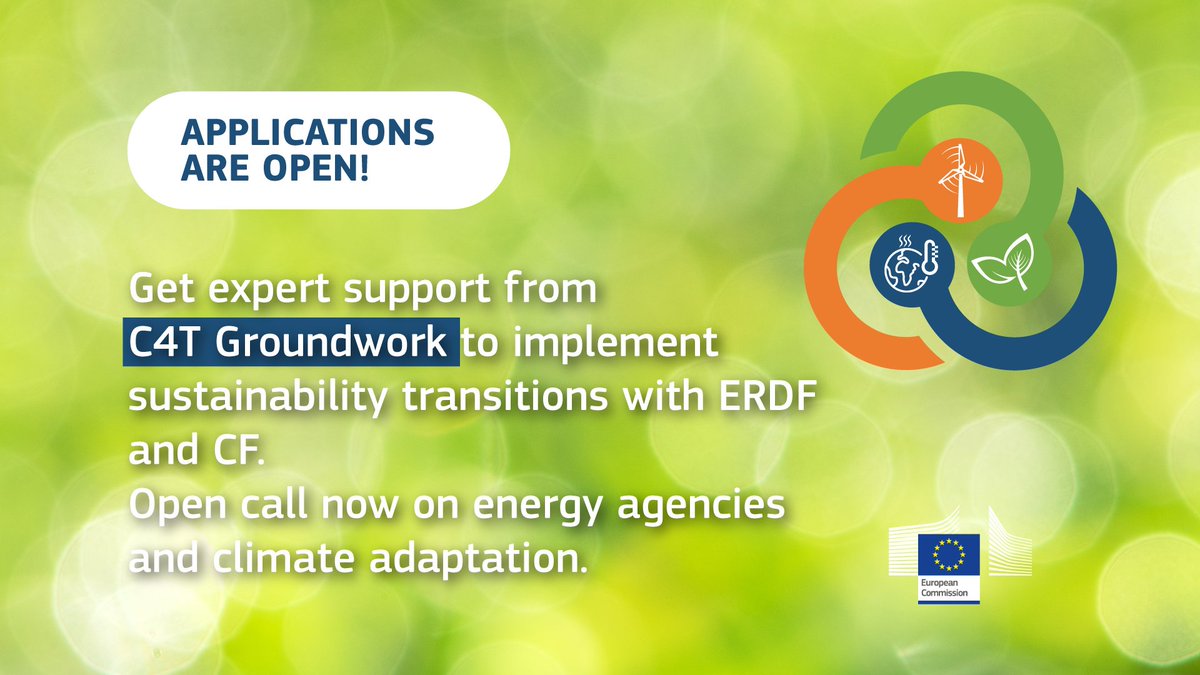 EUinmyRegion's tweet photo. 🆕C4T GROUNDWORK – the new technical assistance for cohesion for sustainable transitions!
📢Interested applicants are invited to apply to the call  focusing on #energy and #climateadaptation by 23/05/2023 23:59 CET⤵️
https://t.co/p31D6kiBFB

#Cohesion4Transitions #EURegionalFund https://t.co/GonMO9o8wj