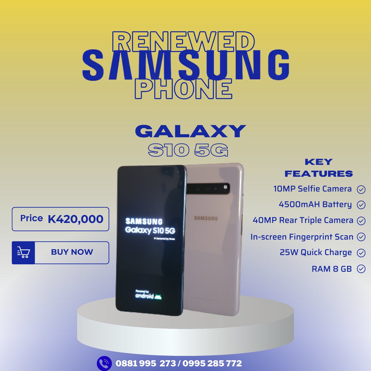 qps_solutions's tweet photo. Upgrade your smartphone game with the renewed Samsung S10 5G! With its stunning 6.7-inch AMOLED display, 8GB of RAM, and a powerful Qualcomm SM8150 processor, this device is perfect for anyone who wants the best. Order now for only K420,000! https://t.co/zyTGREpME0