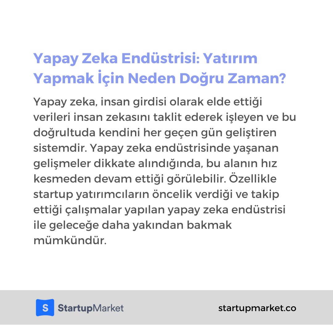 StartupMarketSM's tweet photo. Yapay Zeka Endüstrisi: Yatırım Yapmak İçin Neden Doğru Zaman?
Blog yazımızın devamına erişmek istersen: https://t.co/urteIXDF3k
#startupmarket #yatırımcı #startupworld #investors #startupblog https://t.co/4b2gDcJUcv