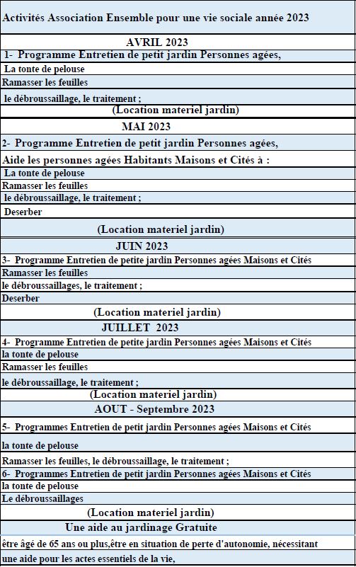 EnsembleVie's tweet photo. Activités Association Ensemble pour une vie sociale année 2023.
Une aide au jardinage Gratuite.
être âgé de 65 ans ou plus, être en situation de perte d'autonomie, nécessitant une aide pour les actes essentiels de la vie https://t.co/1OzilrvOjj