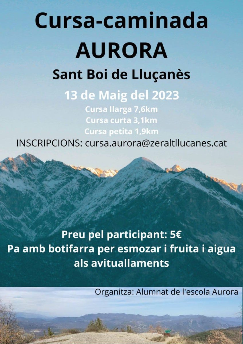 L'#escolaAurora de #SantBoiDelLluçanes ens convida a la cursa que faran. Apunteu-vos el 13 de maig!