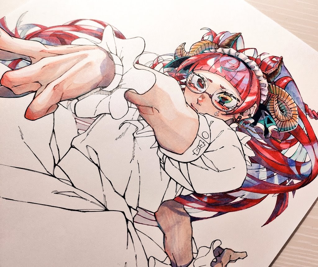 1girl horns solo red hair heterochromia long hair maid  illustration images