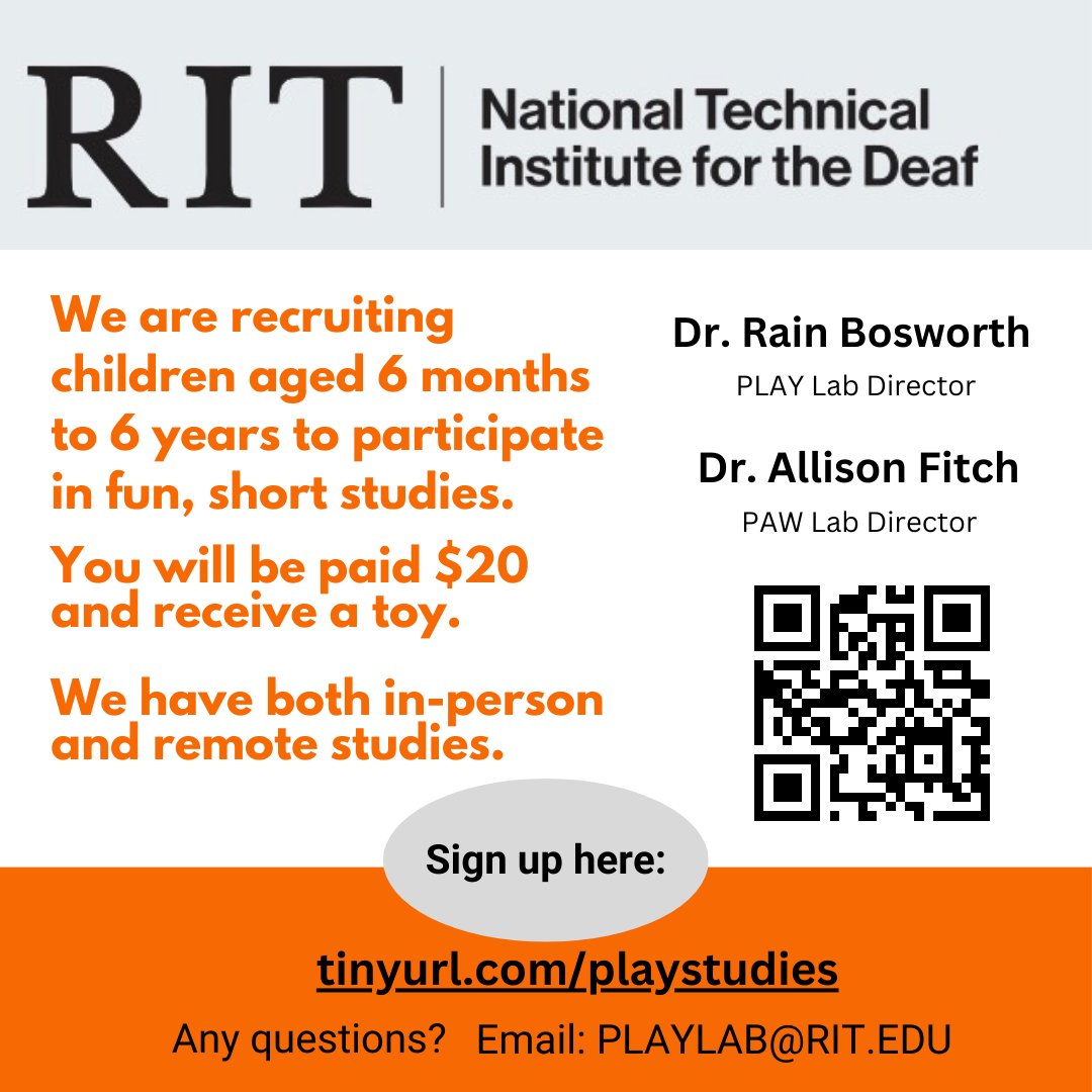 For Rochester, NY area families with #deaf and #hardofhearing children 6 months to 6 years of age, we have some short, fun studies for you! tinyurl.com/playstudies