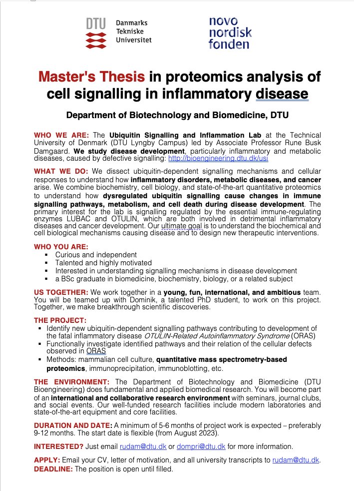Rune Busk Damgaard (@rbdamgaard) on Twitter photo 🚨PROJECT ALERT🚨 We are looking for an ambitious Master's student to undertake a project on mass spectrometry-based identification of new ubiquitin signalling pathways involved in inflammatory disease. Get in touch if you are interested to join a young, fun, and ambitious team! 🚨PROJECT ALERT🚨 We are looking for an ambitious Master's student to undertake a project on mass spectrometry-based identification of new ubiquitin signalling pathways involved in inflammatory disease. Get in touch if you are interested to join a young, fun, and ambitious team!