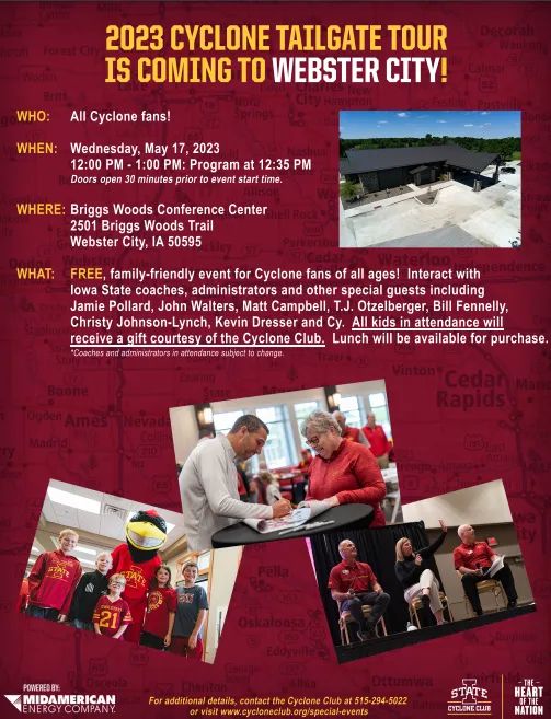 HamCoCyclones's tweet photo. The deets on the #CyloneTailgateTour stop in #WebsterCity on 📆5/17 💛❤👇 https://t.co/0XcxtfdFcC