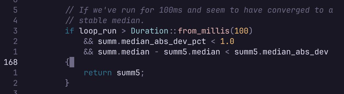 Found today that Rust benchmark harness short circuit bench execution if time is stable within 100ms. It means different runs can measure performance over different amount of work. I don't think it's a good idea, especially when you can not configure it. #rustlang