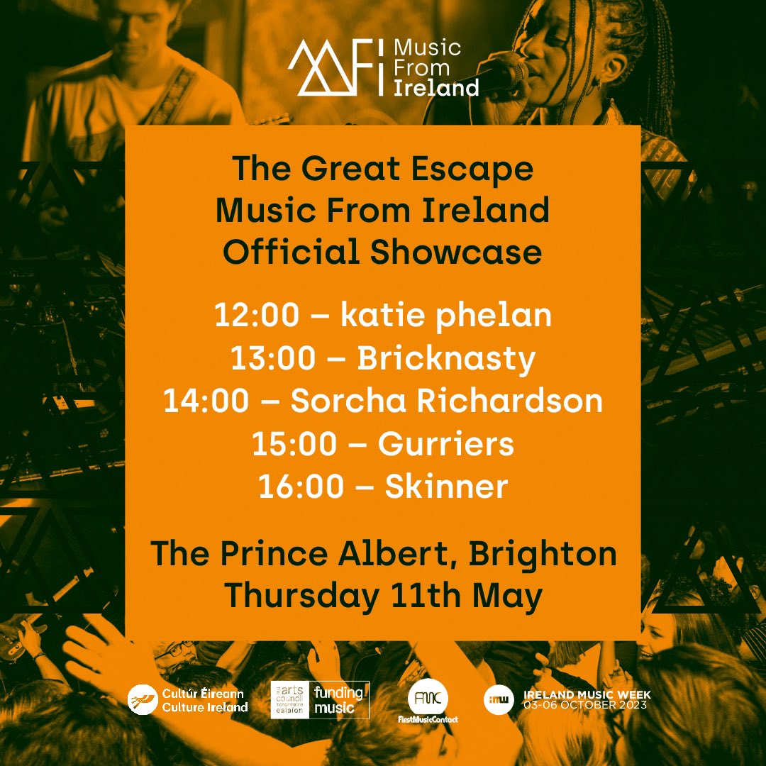 📣📣Calling all Brighton folks & @thegreatescape delegates - join us at the Prince Albert Thurs 11 May (12-4.30) for these outstanding Irish acts! ☘️🎙️🎸🎶

@katie_phelan_ 
#Bricknasty
@SorchaRichardsn 
@gurriersband 
@skindizzle_

Supported by @MusicFrmIreland & @culture_ireland