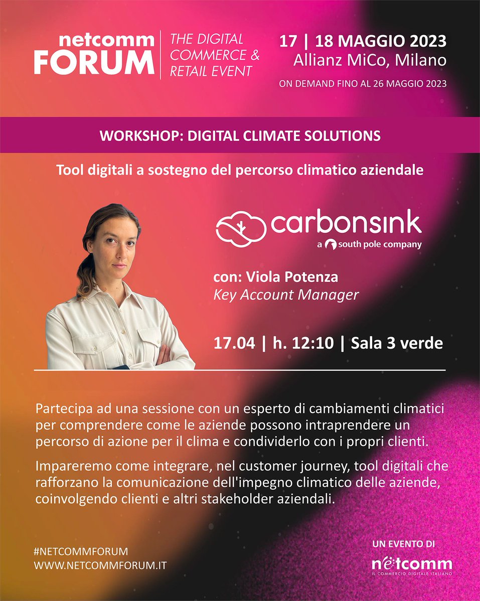 Carbonsink (@carbonsinkgroup) on Twitter photo 📍Ci saremo anche noi la prossima settimana a #NetcommForum l'appuntamento promosso da <a href="/ConsNetcomm/">Consorzio Netcomm</a>
🔜 Vi aspettiamo il 17 maggio al nostro Workshop dedicato alle Digital Climate Solutions
Ti aspettiamo, scopri subito come partecipare ⬇️
bit.ly/44GEaHv 📍Ci saremo anche noi la prossima settimana a #NetcommForum l'appuntamento promosso da <a href="/ConsNetcomm/">Consorzio Netcomm</a>
🔜 Vi aspettiamo il 17 maggio al nostro Workshop dedicato alle Digital Climate Solutions
Ti aspettiamo, scopri subito come partecipare ⬇️
bit.ly/44GEaHv