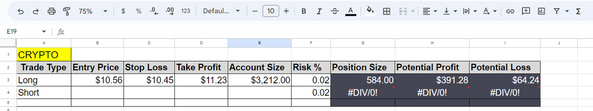 crypt0misty's tweet photo. ... the formula will give you the correct position size, potential profit, and potential loss based on your entries. I'm selling this for 10 USDT. Let me know if you're interested, send a DM. I'm happy to make a video for you explaining how it works. https://t.co/rWB6Zak0Ka