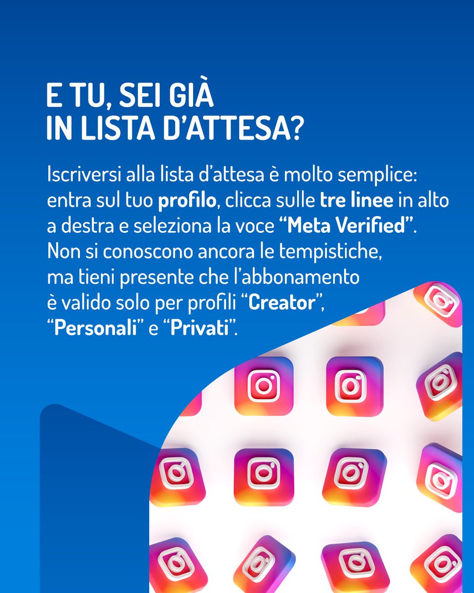 fps_agency's tweet photo. 📢 Meta Verified sbarca anche in Italia 
📲 #Instagram ha messo a disposizione l'abbonamento con cui si ottiene la spunta blu
💭Oltre a quella, anche l'accesso a funzioni  speciali e una maggiore visibilità sul #social
⏲️Per averlo, però, occorre iscriversi alla lista d'attesa! https://t.co/NtUu6ERerR