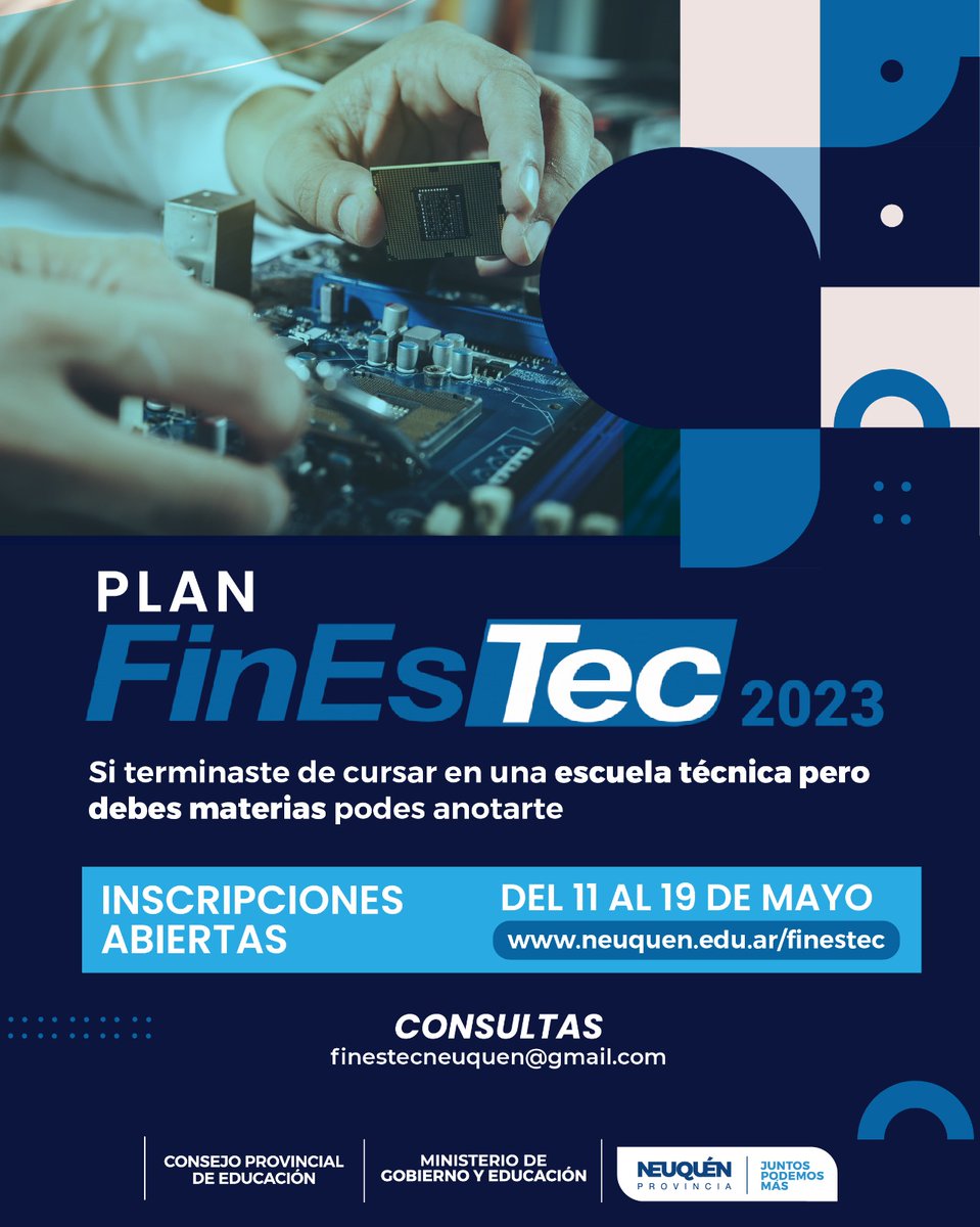 RFlutsch's tweet photo. 📝 #FinEsTec 
Si terminaste de cursar en una escuela técnica, pero adeudás materias, podés acceder a toda la información y al formulario de inscripción en el siguiente enlace:
📲 https://t.co/jZpXurFOsu
#MinisterioGobiernoEducación
#CPE 
#NeuquénProvincia https://t.co/oOuxRw3rQF