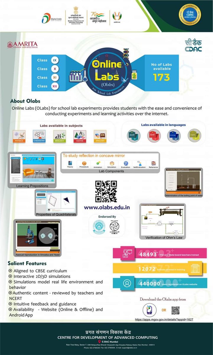 vidyakashETU's tweet image. OLabs-Online Labs
The OLabs is based on the idea that lab experiments can be taught using the Internet, more efficiently and less expensively.
 Find it on "Mobile Seva AppStore" , link is given below:
apps.mgov.gov.in/details?appid=…
#OnlineLab #OnlinePractical #VirtualLab #CdacETU
