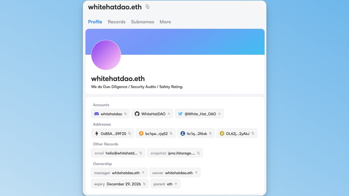 setrecords_eth's tweet photo. whitehatdao.eth | @White_Hat_DAO has you protected - right down to their identity set in their #ENS Profile. This info is available for all to see. https://t.co/VN0mpgexg6