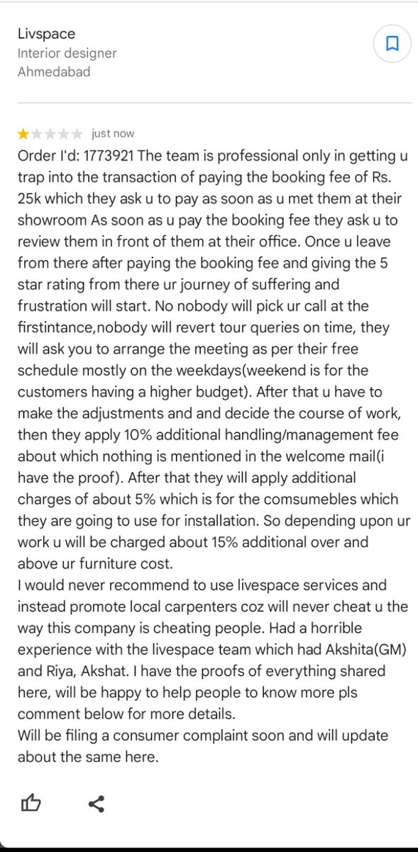 authenticaphid's tweet photo. @livspace @AnushkaSharma @imVkohli @BandBajaateRaho @jagograhakjago I have posted this review on livespace Ahmedabad Google review, Will be happy to help everyone from getting conned by this company. Full of hidden charges ! https://t.co/WZOLpKulwa