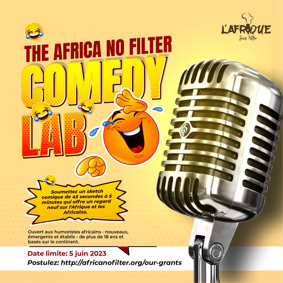 africanofilter's tweet photo. Ătes-vous un humoriste talentueux cherchant Ă percer ? Postulez dĂšs maintenant Ă l'#ANFComedyLab et obtenez le financement et lâaccompagnement sous forme de mentorat et de soutien marketing dont vous avez besoin pour dĂ©velopper votre carriĂšre: https://t.co/vGynnUS16T https://t.co/E4Ln3uq3Jn