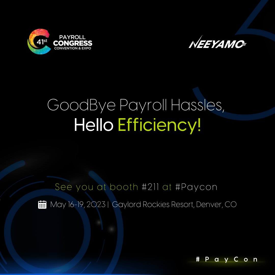 Neeyamo's tweet photo. Revolutionize Your Payroll with Neeyamo’s Payroll 3.0!
Come meet our experts at booth #211 at #Paycon to experience smart payroll built with AI & ML driven data validation, all set to transform your payroll from days to minutes.
#3PointO #WithNeeyamo https://t.co/mJL5jw68RA