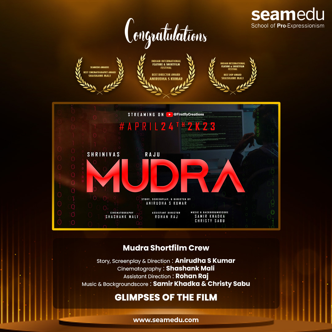 Seamedu's tweet photo. 🎉 Great news! Our students Anirudha and Shashank have made us proud by getting nominated at the Indian International Future &amp; Short Film Festival 2023.  Congratulations to Team MUDRA and our faculty members!

👉 Watch our short film on YouTube at https://t.co/PPnWlWjL1Z https://t.co/TtHrksbMpv