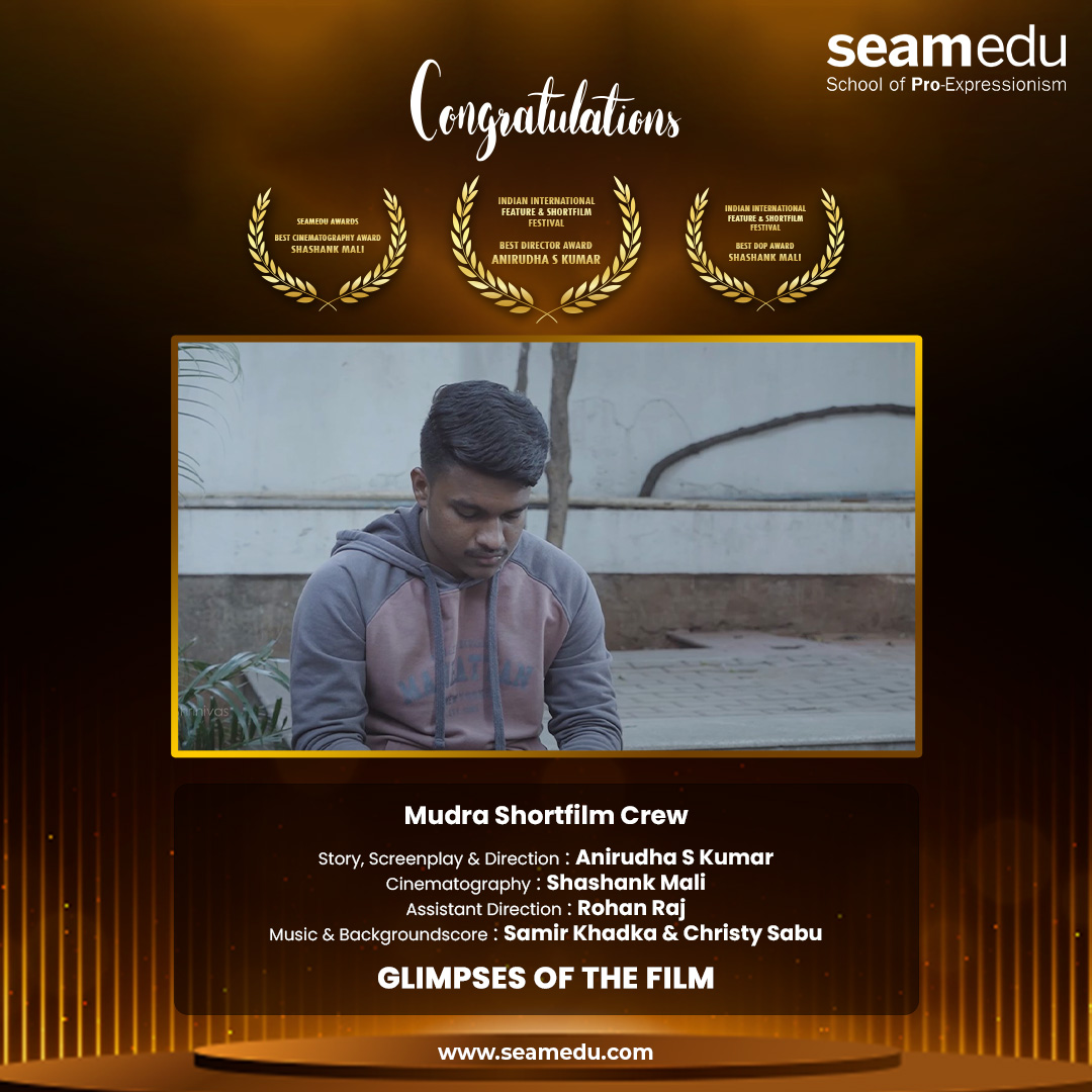 Seamedu's tweet photo. 🎉 Great news! Our students Anirudha and Shashank have made us proud by getting nominated at the Indian International Future &amp; Short Film Festival 2023.  Congratulations to Team MUDRA and our faculty members!

👉 Watch our short film on YouTube at https://t.co/PPnWlWjL1Z https://t.co/TtHrksbMpv