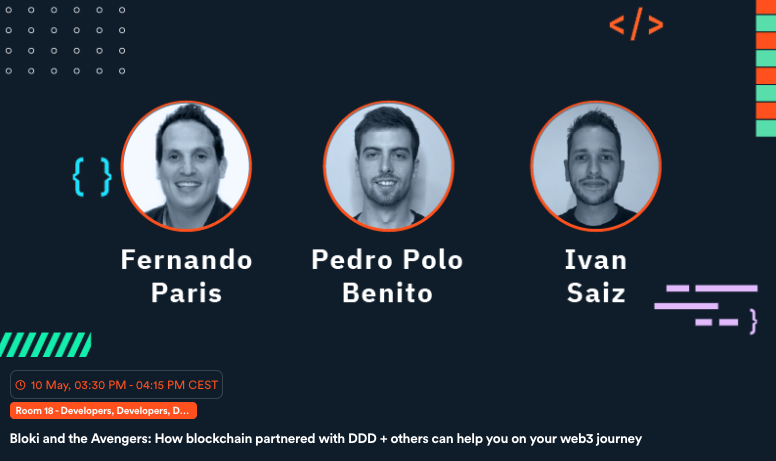 Don't miss our talk at #CodemotionMadrid2023! Join us at room 18, 15:30 for Bloki and the Avengers. Learn how #blockchain and DDD can boost your #web3 journey. Level up your game with our experts! #Web3 #DDD #EventSourcing #DistributedArchitectures #CodingCommunity