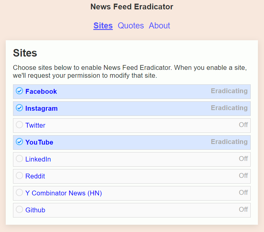 Highly recommended tool for FOCUS:

It’s a chrome extension called “News Feed Eradicator”.

It basically replaces your brainwash feed with a quote.

Hope this helps those of you still struggling with focus.

#TheRealWorld #EscapeMatrix