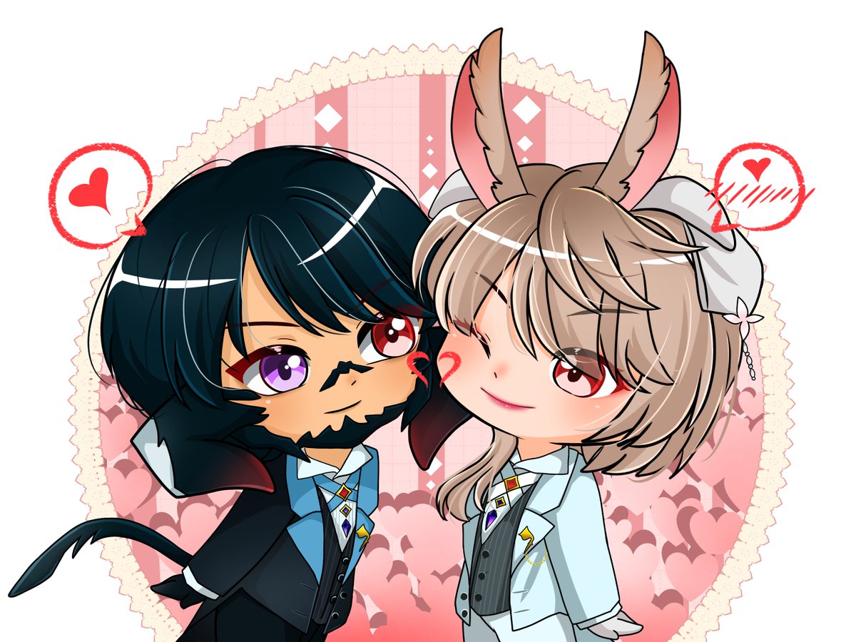 LucHemlock's tweet photo. Cutieeees!! 😊 Thank you @LETum1998  for this cute art!❤️ 

#FFXIV #FFXIVART #Viera #Au_Ra https://t.co/BjrdYvzNb3