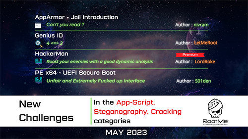 rootme_org's tweet photo. Four new challenges in the App-Script, Steganography and Cracking categories have just been published on the RootMe and Root-Me Pro environments.
https://t.co/IMqsam2iVF
Thank you to #nivram, #LetMeR00t, #Sengengie, #Stealer, #LordRoke and #S01den for their work! https://t.co/j6rZR31V8p