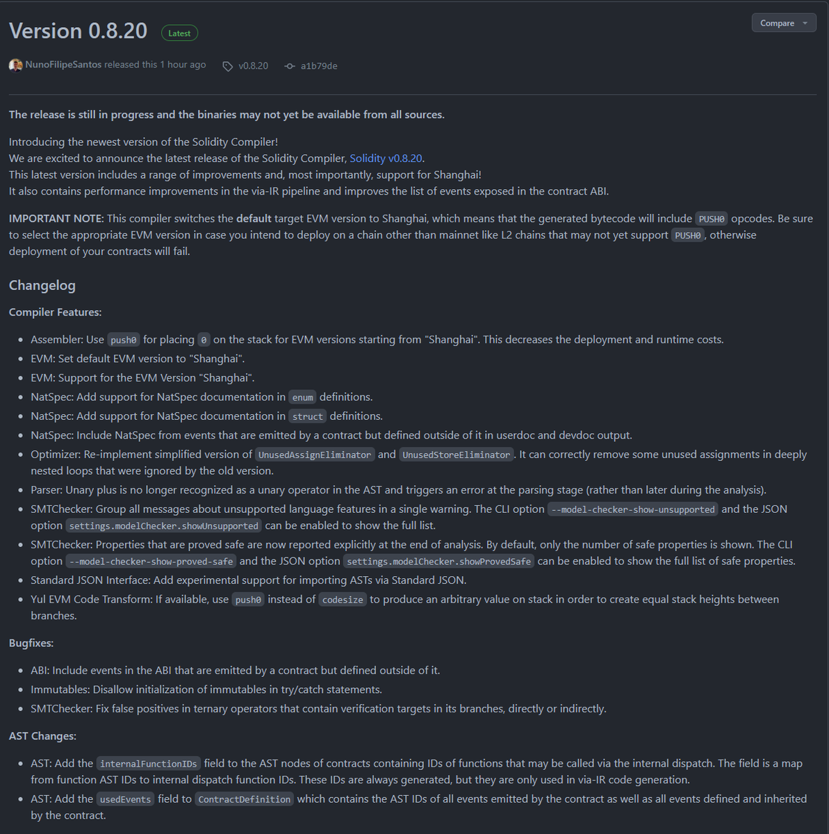 pcaversaccio's tweet photo. Solidity 0.8.20 just got released. Let's all welcome `PUSH0` 👋 https://t.co/rgXDOlmpmG https://t.co/l15hzhQ4Xs