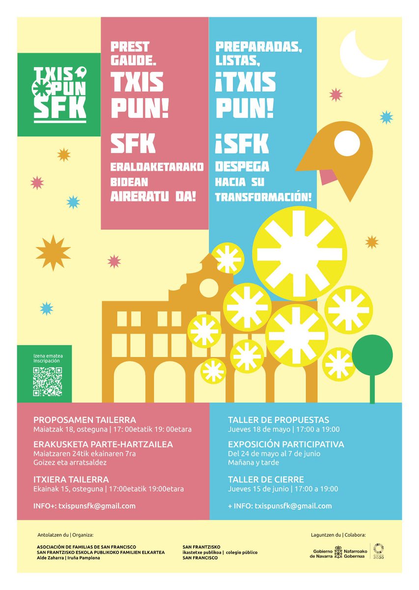 AZ Sare Komunitarioa (@redazsarea) on Twitter photo 3️⃣, 2️⃣, 1️⃣... Txis Pun! SFK despega hacia su transformación 🚀💫
👉 Participa en el diseño coloaborativo para la reforma del salón de actos, patio, aulas y pasillos de la escuela de San Francisco
☝🏻 Inscripciones: bit.ly/41psN3P
🚀más información: txispunsfk@gmail.com 3️⃣, 2️⃣, 1️⃣... Txis Pun! SFK despega hacia su transformación 🚀💫
👉 Participa en el diseño coloaborativo para la reforma del salón de actos, patio, aulas y pasillos de la escuela de San Francisco
☝🏻 Inscripciones: bit.ly/41psN3P
🚀más información: txispunsfk@gmail.com