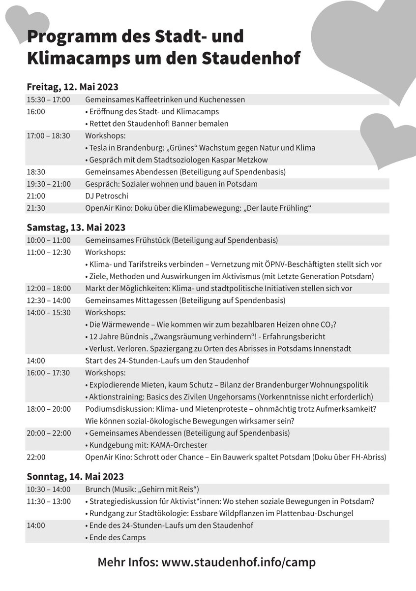 Bäm! Das Programm für das Potsdamer Stadt- und Klimacamp auf einen Blick. 🤩

<a href="/xr_potsdam/">Extinction Rebellion Potsdam</a> <a href="/TErdgas/">Tschüss Erdgas!</a> <a href="/FFFPotsdam/">Fridays For Future Potsdam</a>
<a href="/TickerPotsdam/">Ticker Potsdam</a> <a href="/InitiativgruppP/">Initiativgruppe</a> <a href="/SeebrueckePD/">Seebrücke Potsdam</a> <a href="/astaup/">AStA Uni Potsdam</a> <a href="/maz_online/">Märkische Allgemeine</a> <a href="/PNN_de/">pnn.de</a> <a href="/ImHefe/">Hefe_im_Teig</a> <a href="/AntifaPM/">ANTIFA PM 🏳️‍🌈🏴</a> <a href="/ARTIFA161/">ARTIFA</a> <a href="/glokalisierung/">@glokal@links.potsda.mn</a> @DGBJugendBerlBr <a href="/DGB_Berlin_BRB/">DGB Berlin-Brandenburg</a>