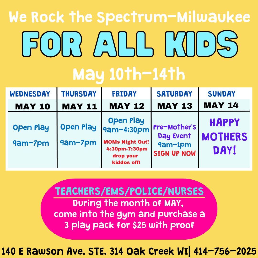 WRTSMilwaukee's tweet photo. There is still  time to sign up for Friday night Parent Night Out AND our Saturday Mother's day event!
#WRTSmilwaukee #kids #may2023 #mom #special #play #sensory #friends #funforall https://t.co/XNRDUqo0M3