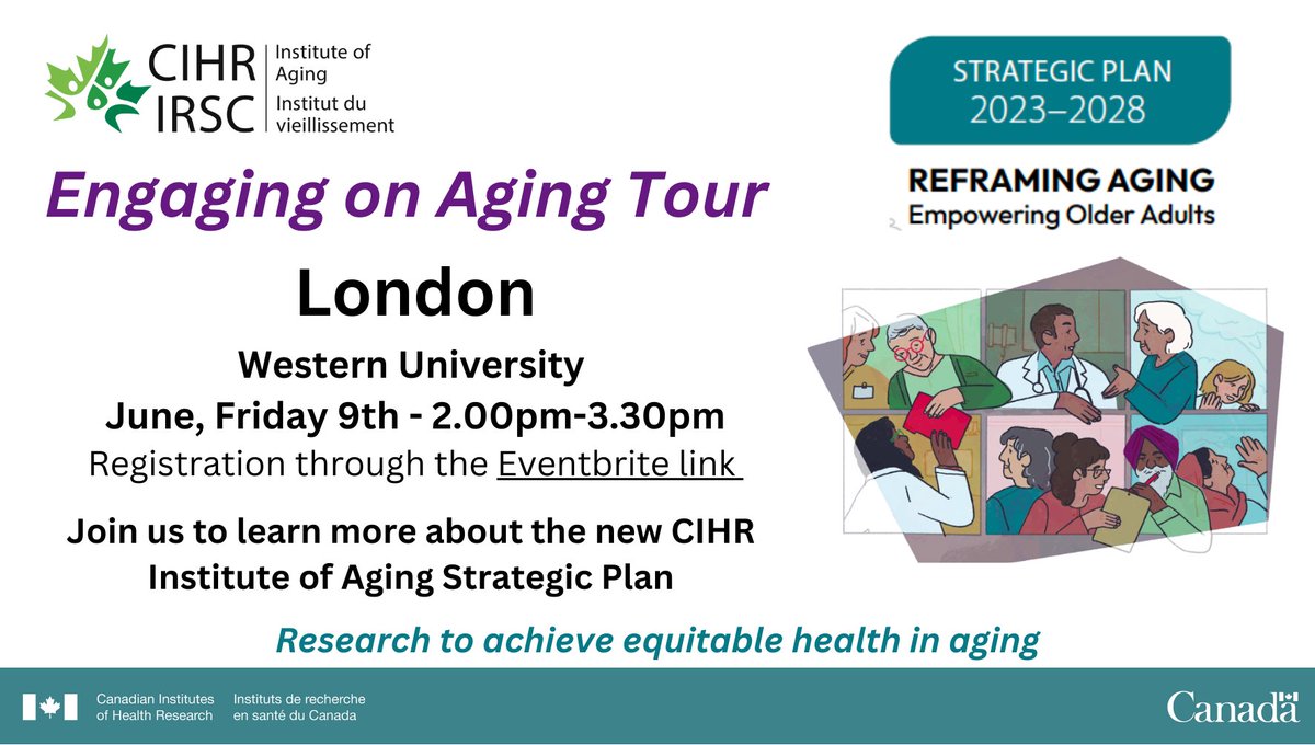CIHR_IA's tweet photo. Our ‘Engaging on Aging’ in-person cross-Canada tour is coming to London @WesternU. For details and to register visit the Eventbrite link https://t.co/icsTaR1ERK
@Jane_Rylett #ReframeAgingCAN #researchonaging https://t.co/ojbqeS0qlt