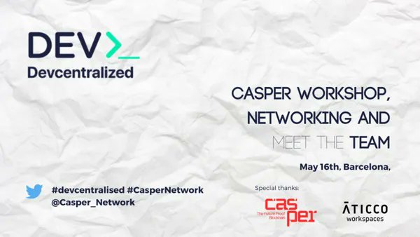 meetup.com/es-ES/devcentr… Are you in #Barcelona #Spain on 16th of May? Join <a href="/Casper_Network/">Casper</a> experts on the technical #workshop about #web2 to #web3 #dapp transition. And you can ask any /technical;)/ question you want! go $CSPR go #casper #blockchain!