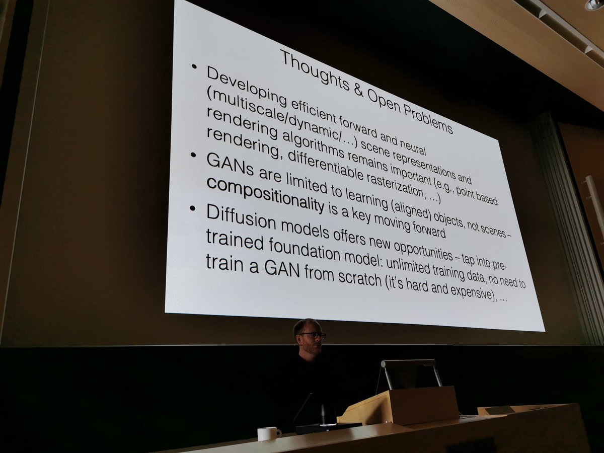 MattNiessner's tweet photo. Amazing keynote by @GordonWetzstein at #Eurographics!

Talking about 3d generative methods, diffusion models, and neural scene representations, and much more! 

Check out his take on open problems - it's a fantastic research area :) https://t.co/qFEmXi9Jfc